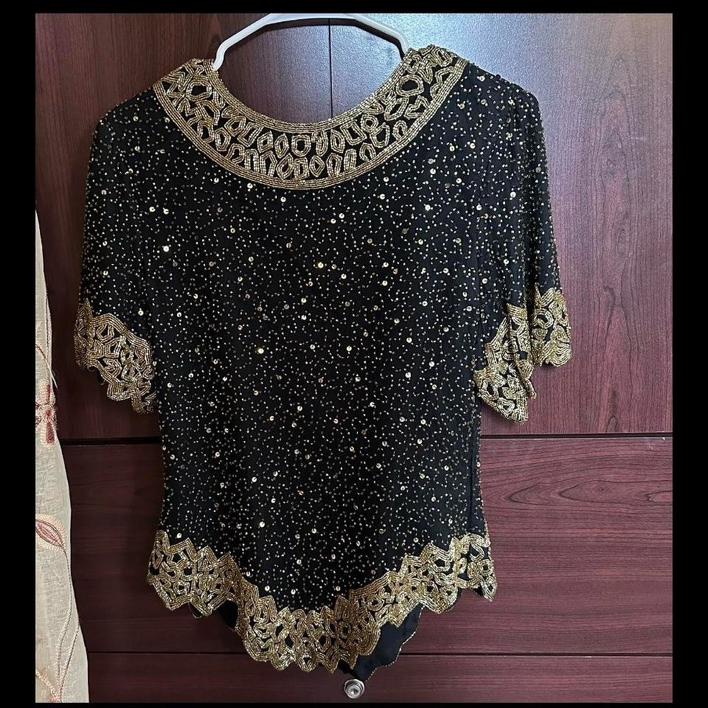 Vintage Laurence Kazar Top Silk Sequin Beaded Embellishment Gold Size PXL